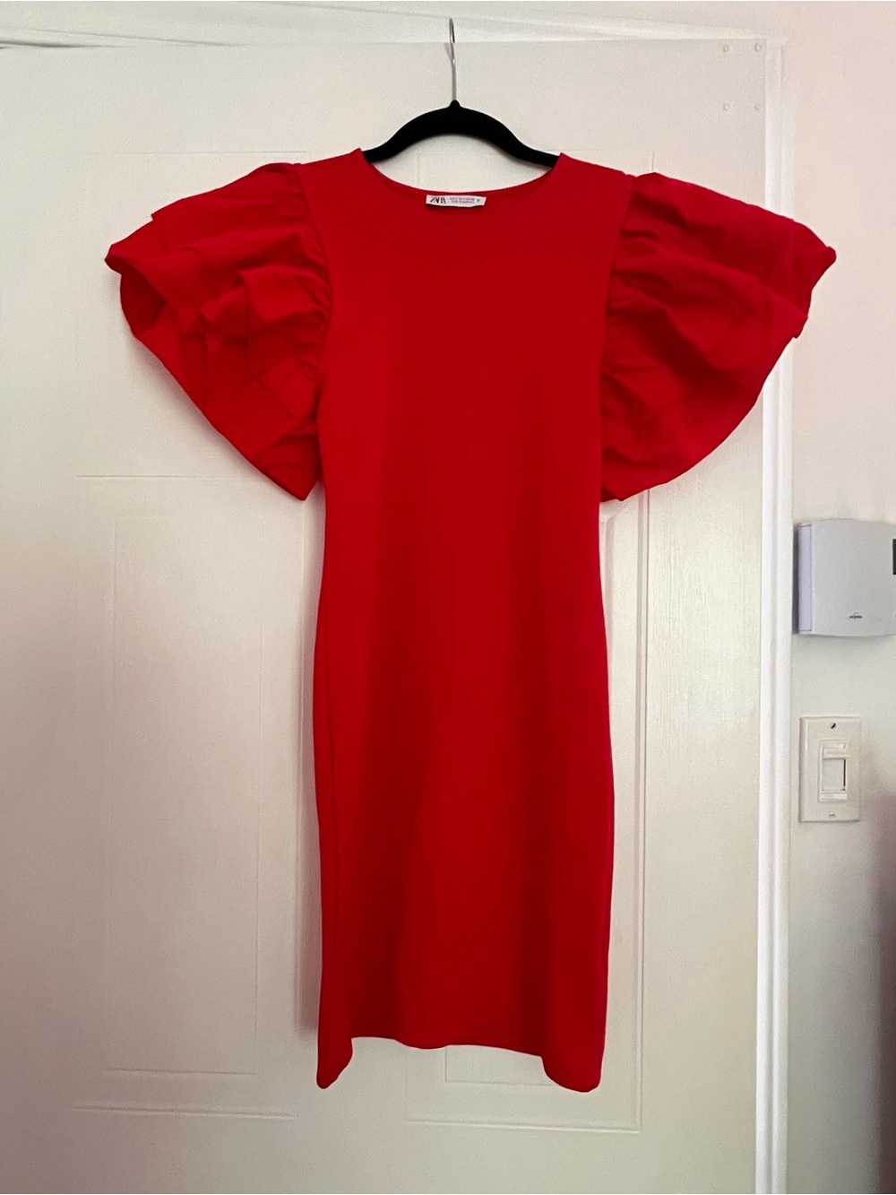 Zara Red Midi Dress with Statement Ruffle Sleeves